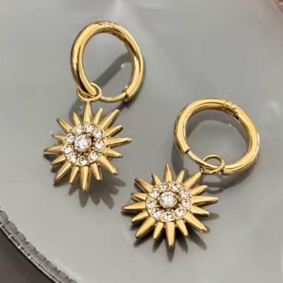 Sunburst 18K Gold Stainless Steel Hoop Earrings - Picture 1 of 9